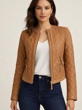 Zara Lambskin leather quilted jacket in tan leather moto cropped Zipper Front XS